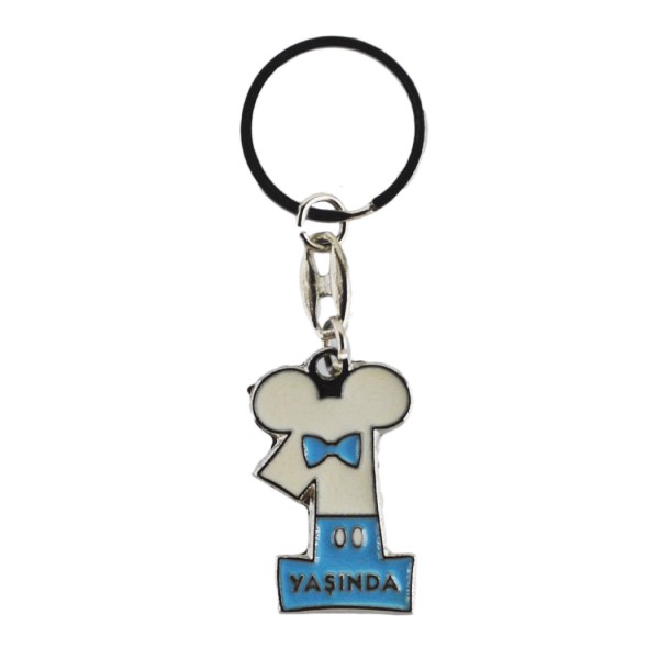 Kervan Bebek Anahtarlığı Metal 1 Yaşında Papyonlu (10 Adet)  Mavi