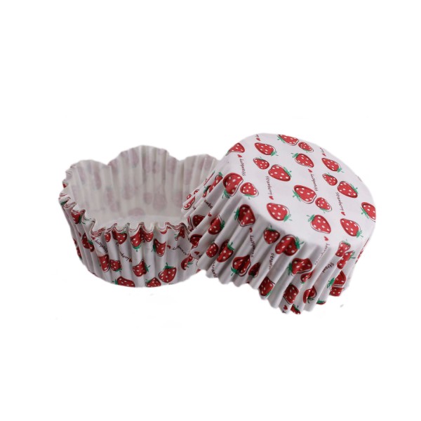 Kervan Cupcake Kalıbı Pet Kapsül Dalgalı Kek Kalıbı 65X38 MM (100 Adet)  Beyaza Sık Çilek Desenli
