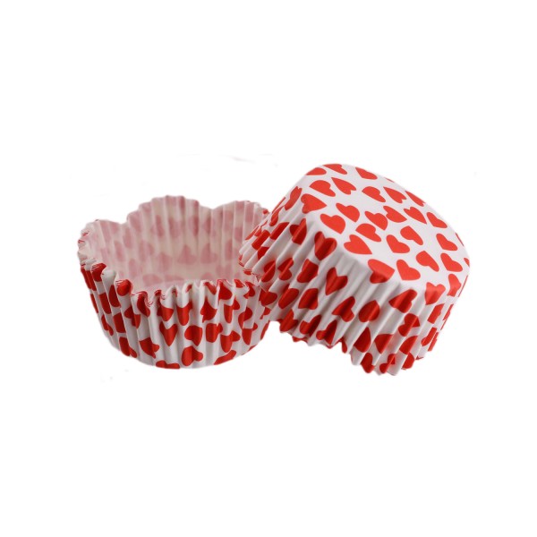Kervan Cupcake Kalıbı Pet Kapsül Dalgalı Kek Kalıbı 65X38 MM (100 Adet)  Beyaza Sık Kalp Desen