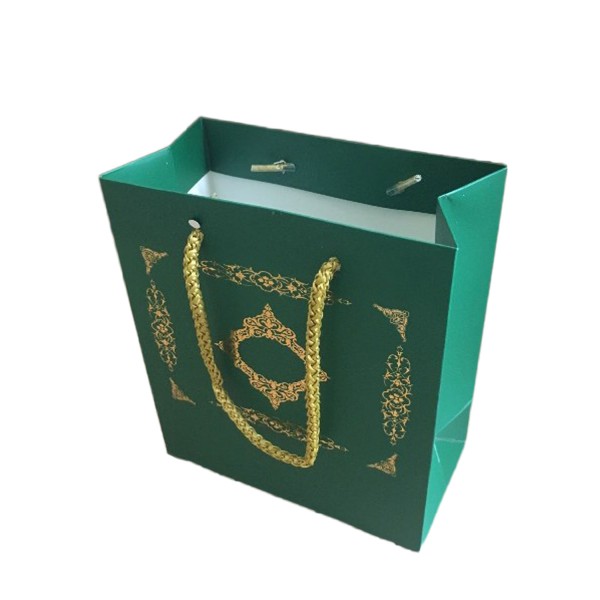 Kervan Karton İpsaplı Hediye Çantası Saray Desenli GOLD 15X17X8 10 Adet  Yeşil