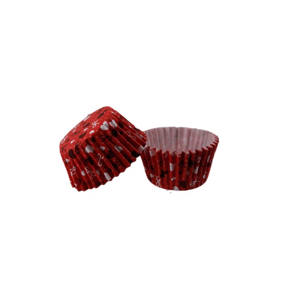 Kervan Kek Kalıbı Pet Kapsül 52X45 MM Kağıt Cupcake Kağıdı (100 Adet)  Kırmızı Üzeri Fiyonk Ve Kalp Desenli